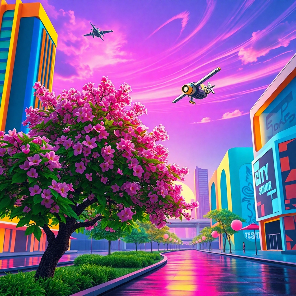 Futuristic Metropolis Bloom with Soaring Aurora Bot