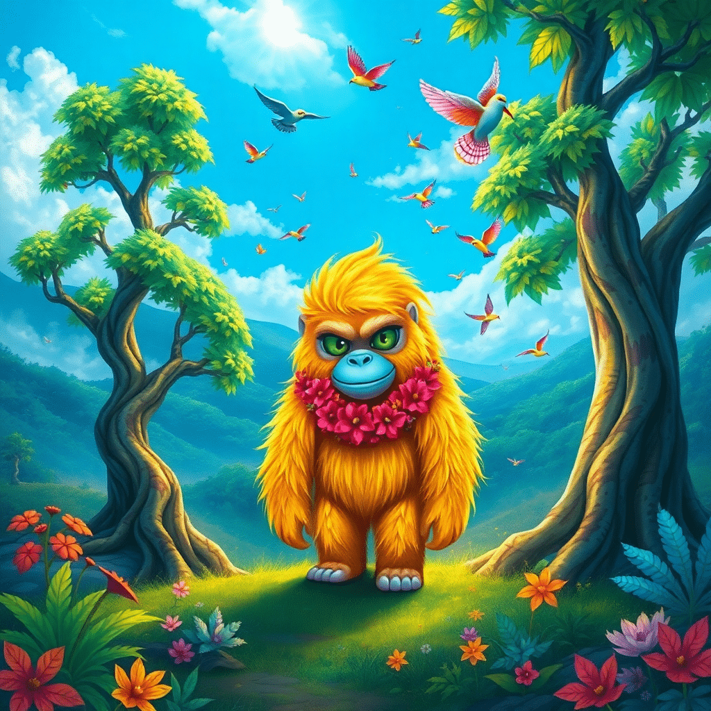 Whimsy’s Abode: Magical Yeti Amidst Icy Blue Bloom