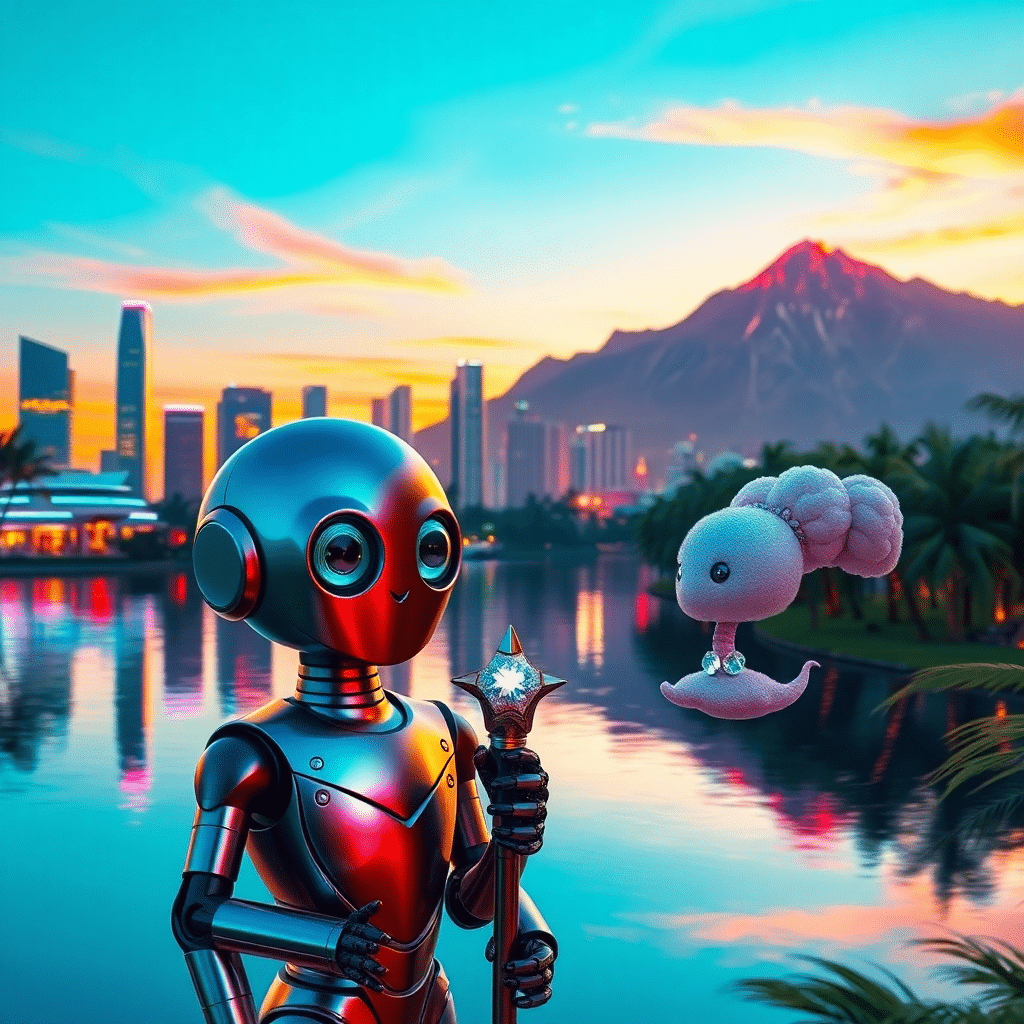 Robot Aria Unveils Sunset Harmony Over Celestial Shores