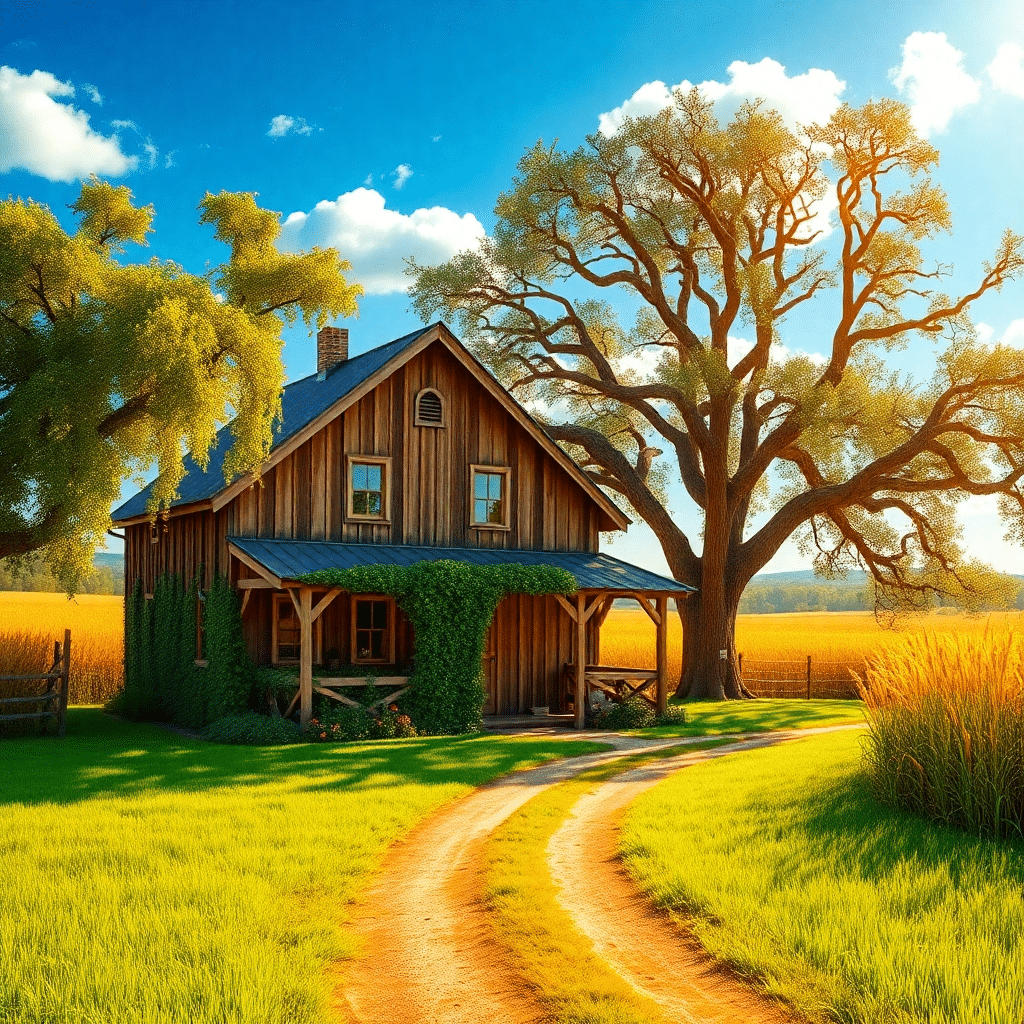 Sunny Afternoon Haven: Golden Fields and Oak Glen Manor