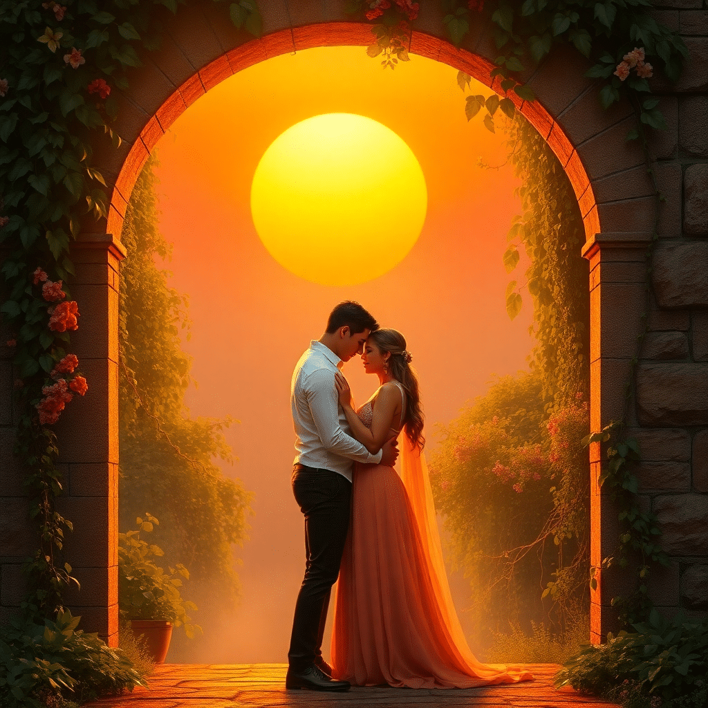 Embracing Twilight Serenade Beneath Ancient Luminous Arches