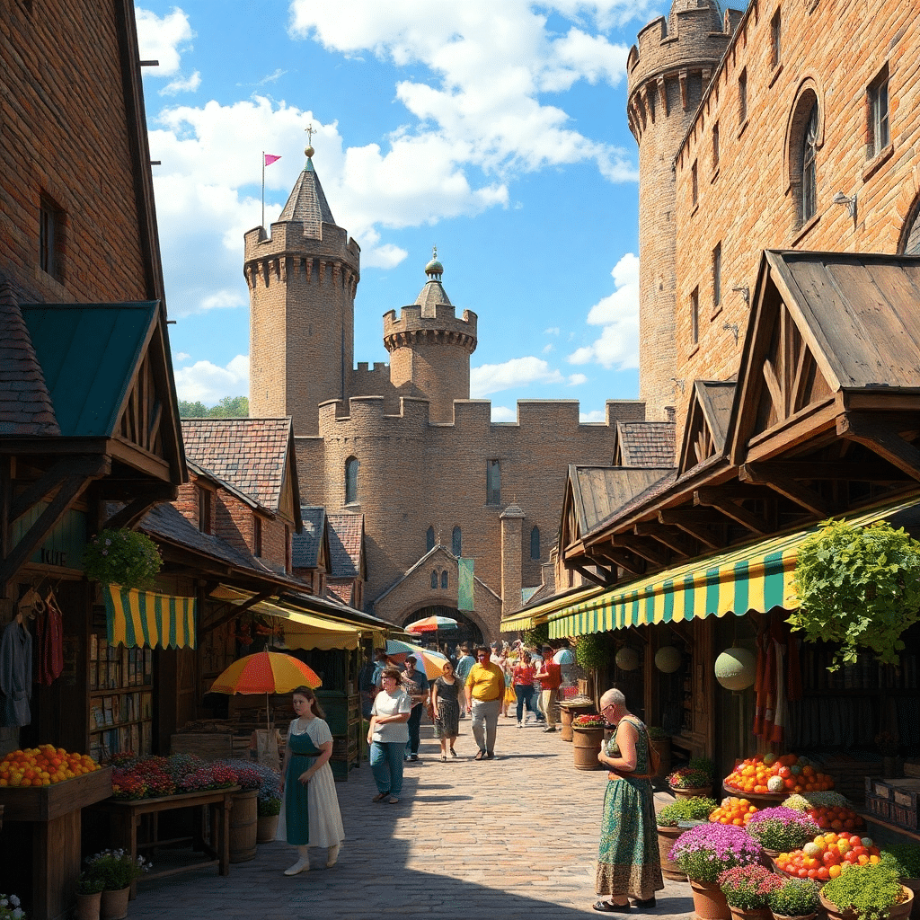 Medieval Market Twilight: A Castle’s Warm Summer Scene