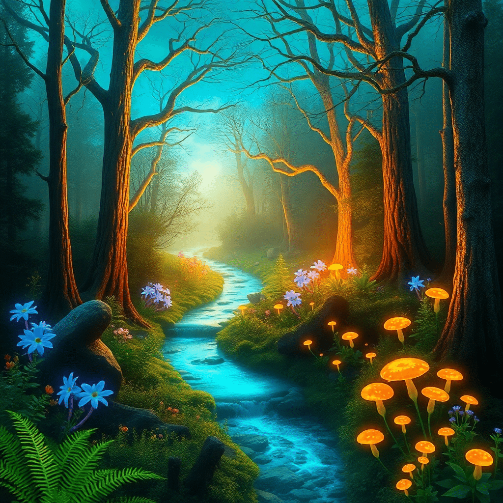 Mirrored Dreamscape: Elyria’s Luminous Forest Awakening
