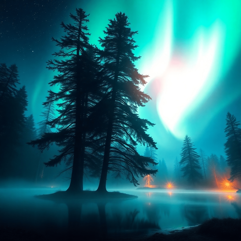 Midnight Aurora serenade above the Ancient Oakwood Lake