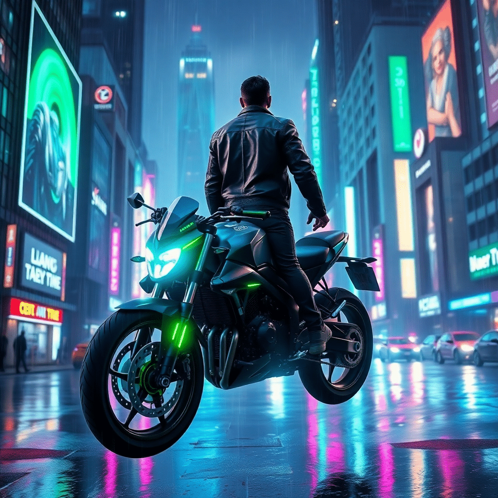 “Midnight Rider: Neon Crusader of the City Skies”