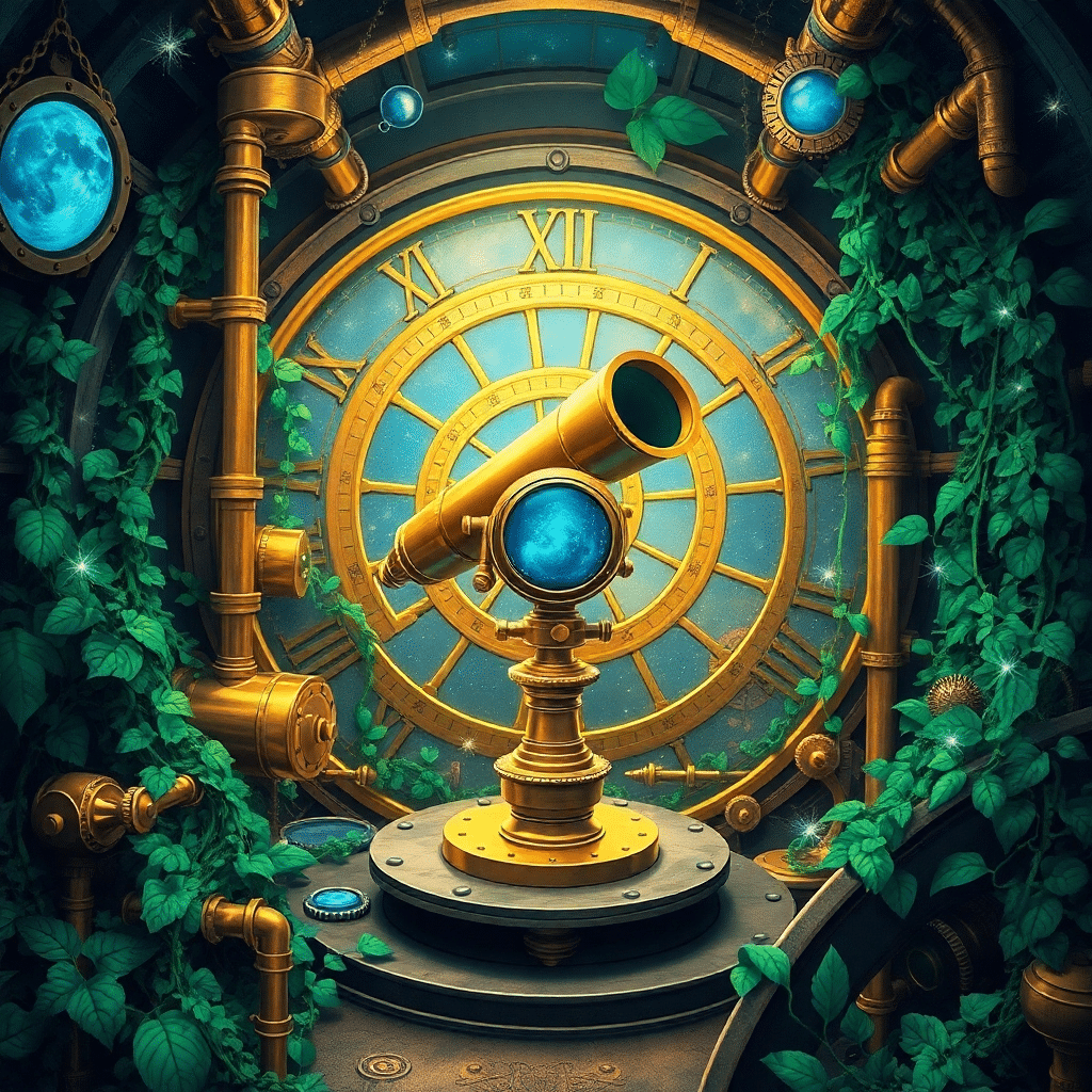 Steampunk Celestial Oasis: Aurora’s Timeless Telescope Shrine