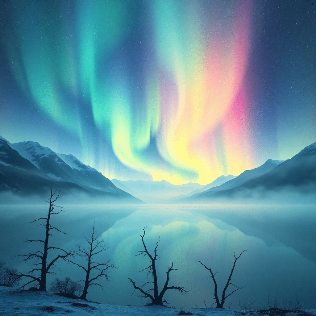 Mystical Aurora’s Gentle Dance Amidst Frozen Majesty