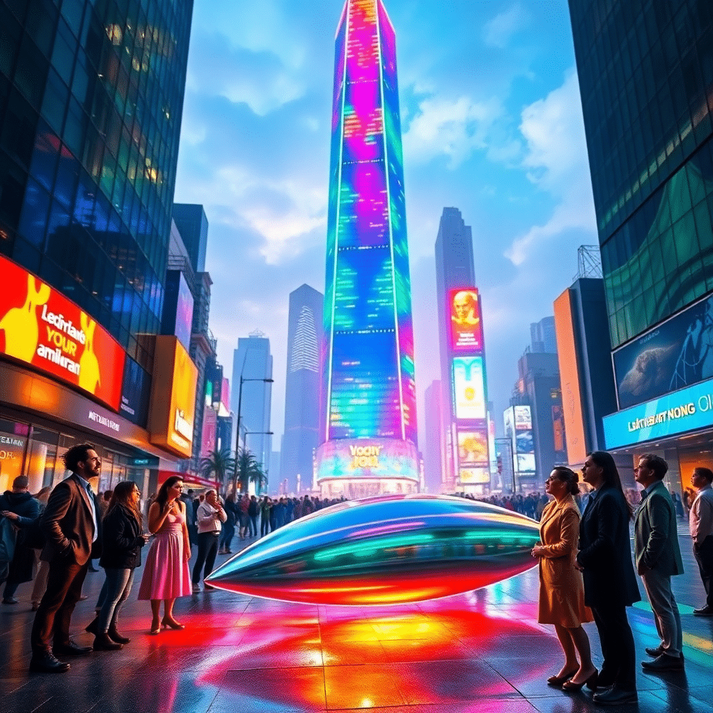 “Metropolis Marvel: Aurora Tower and Its Captivated Crowd”