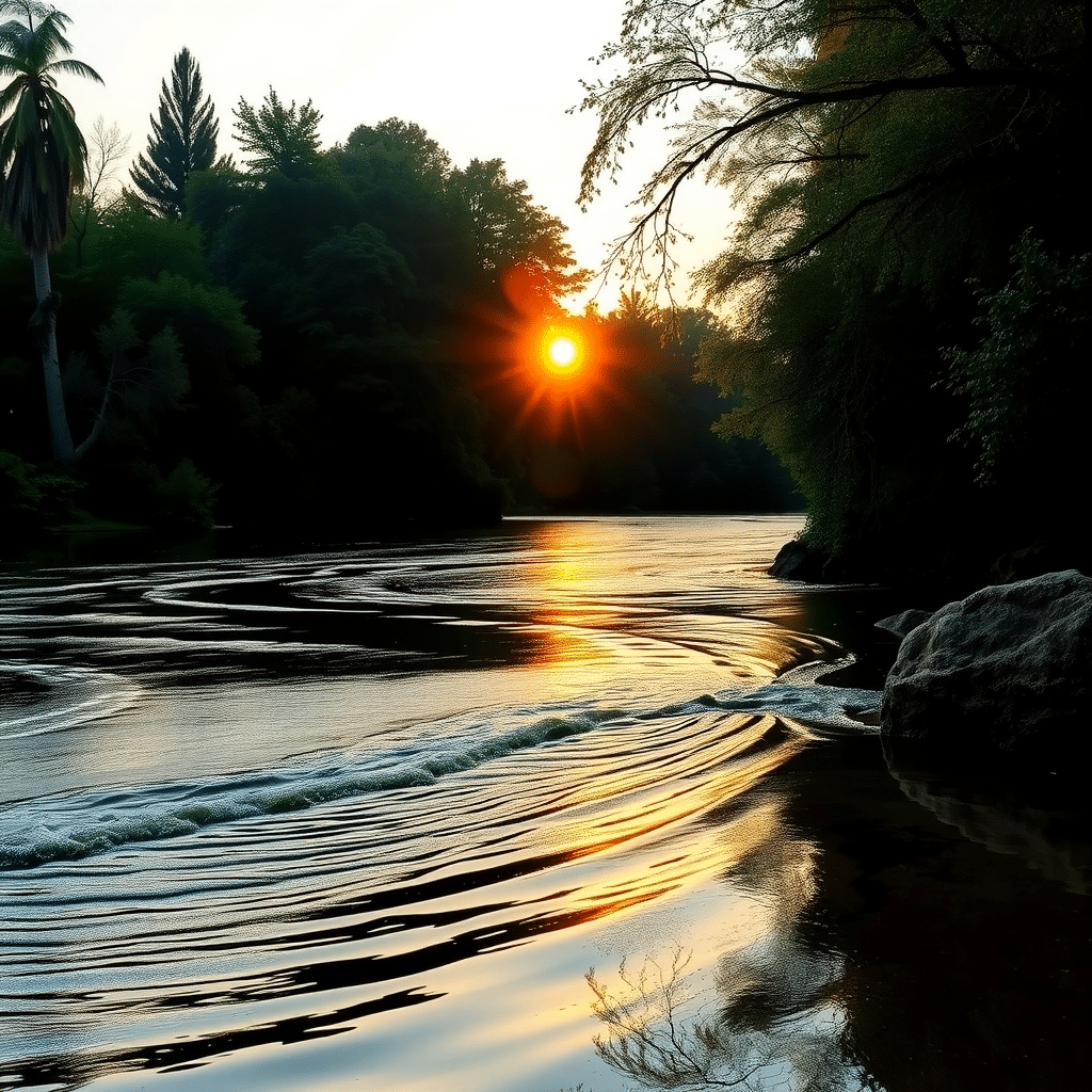 River’s Awakening: Whispering Waters of Dawn’s Golden Glow