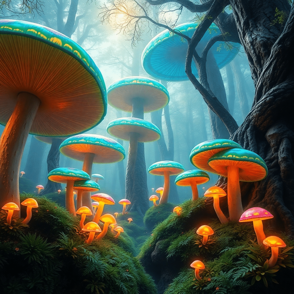Whispers of Elyria: A Luminous Fungal Forest