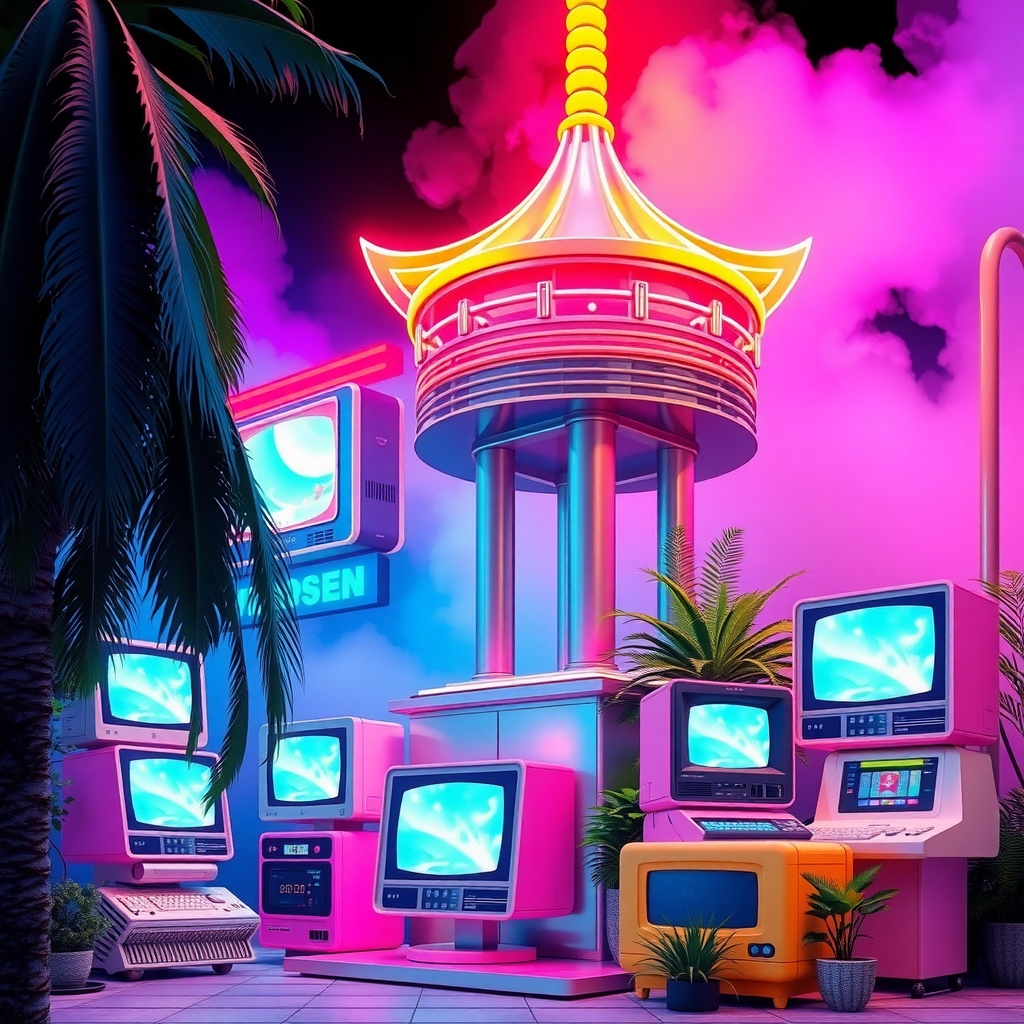 Vitality Oasis: Metallic Pagoda of Neon Dreams