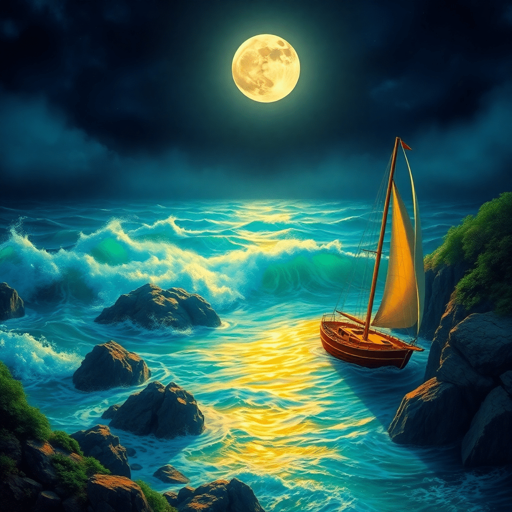 Moonlit Odyssey – Luminous Waves and Ancient Coast