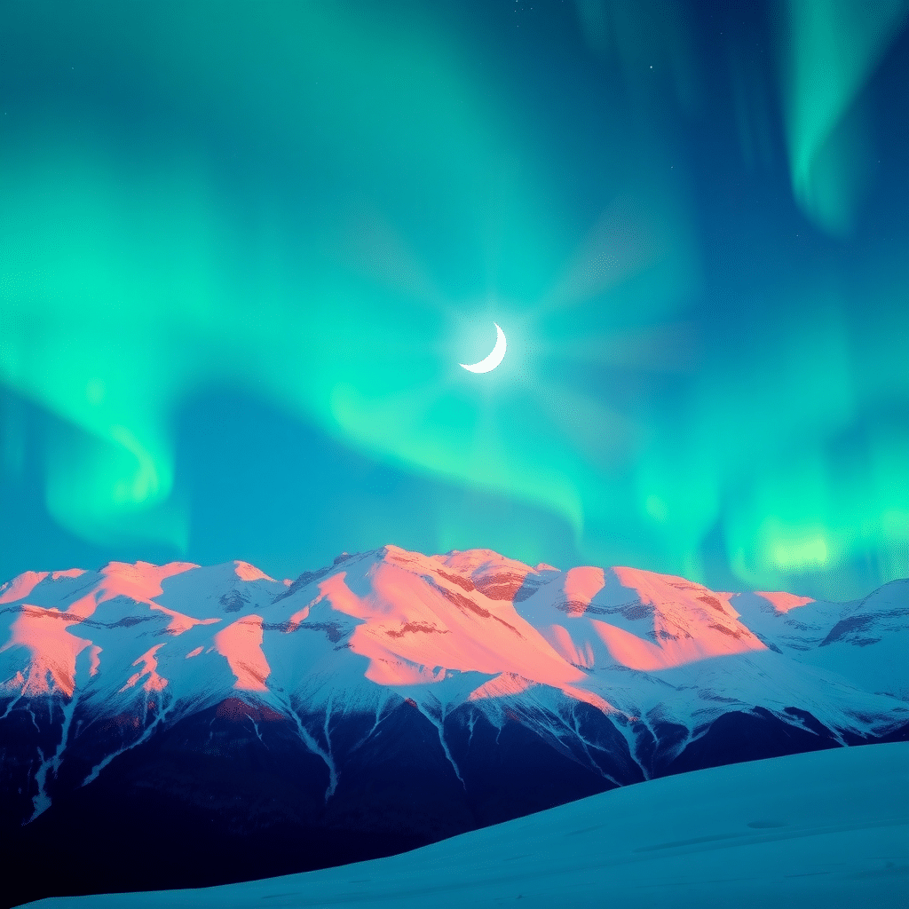 Luminous Aurora Abodes Serene Snowy Peaks