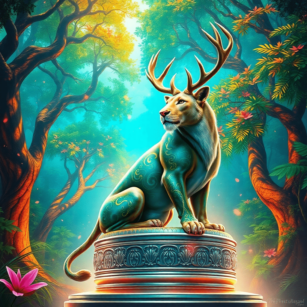 Mystical Lion-Stag Athelia Under Luminous Jungle Canopy