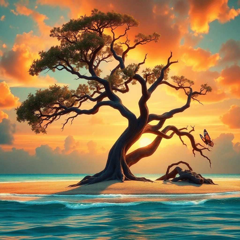 Island of Whispered Secrets at Sunset’s Fiery Edge