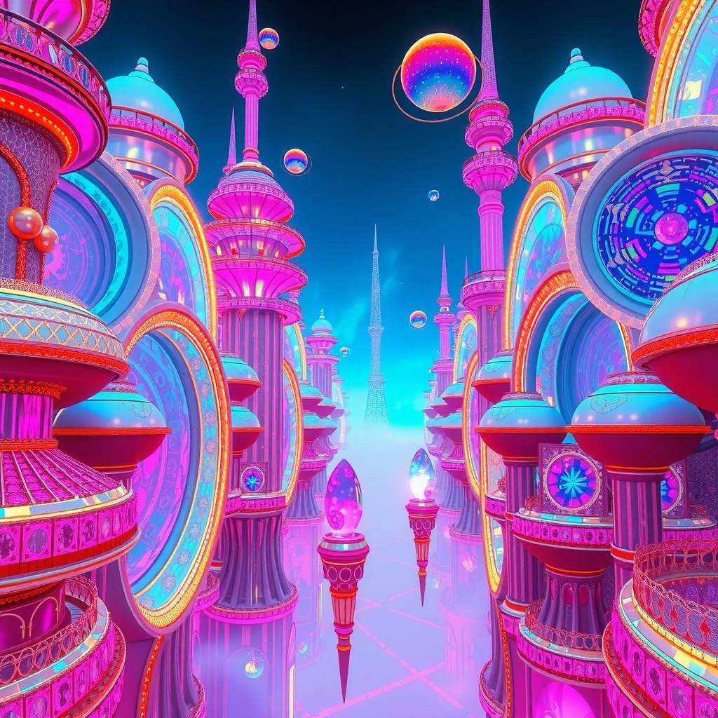 Echoflux Metropolis: Celestial Oasis of Iridescence