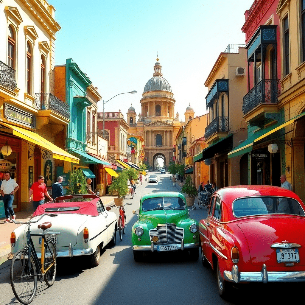 Vibrant Morning on Bustling Sunny Street Scene