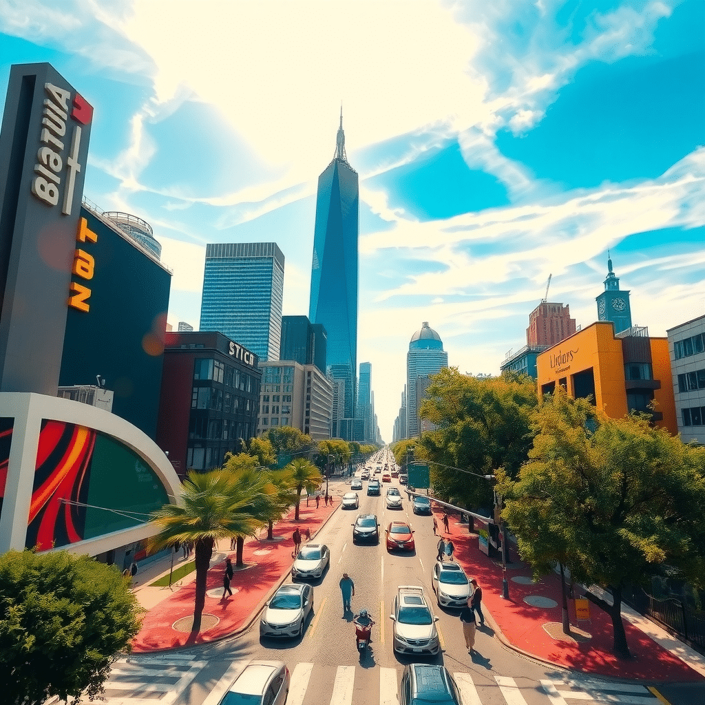 Urban Oasis: Turquoise Skies and Emerald Dreamscapes