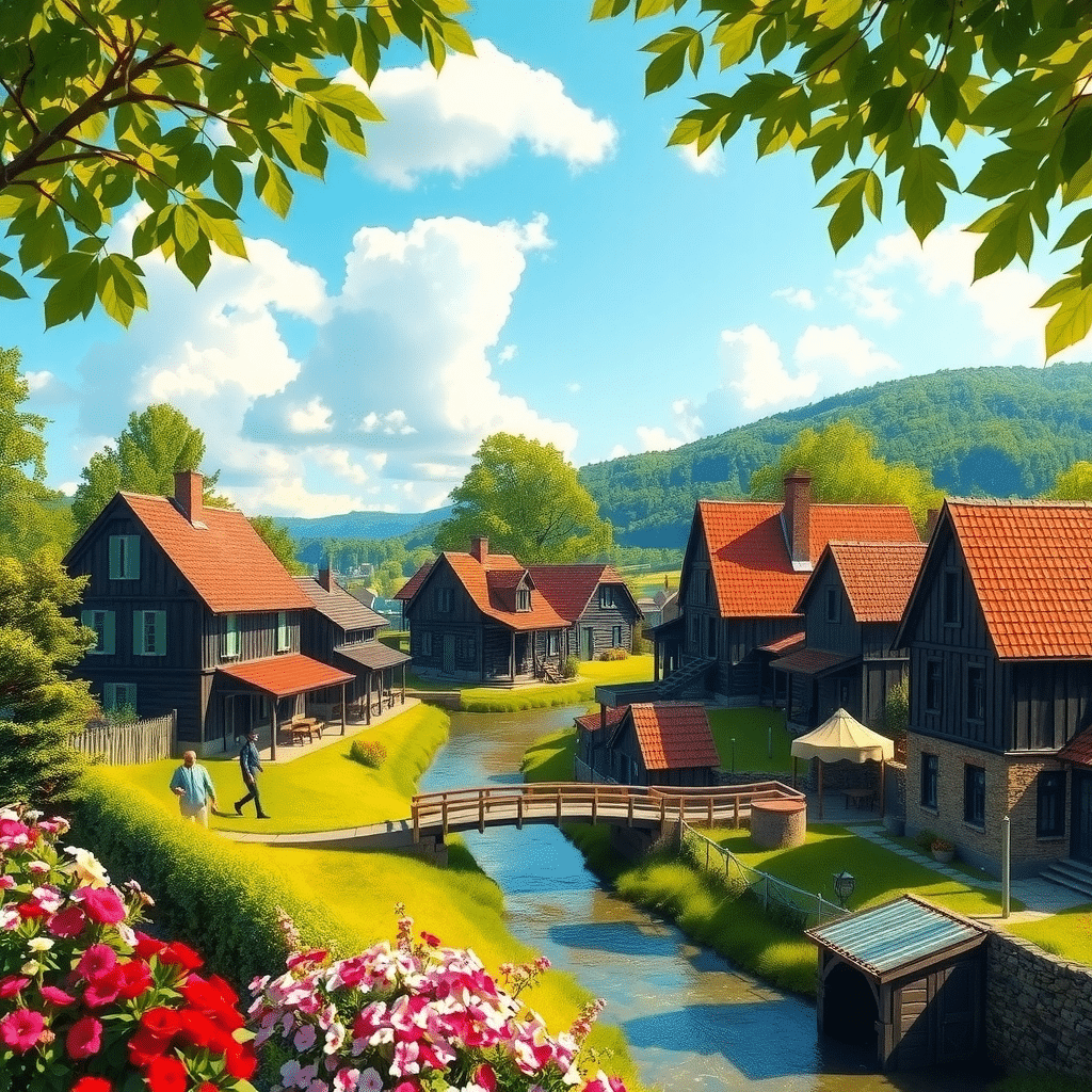Whispering Waters Rural Village Morning Serenity
