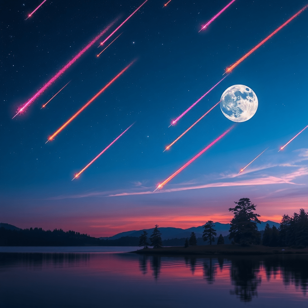 Cosmic Reflections: Lakefront Meteor Shower Under Moonlight