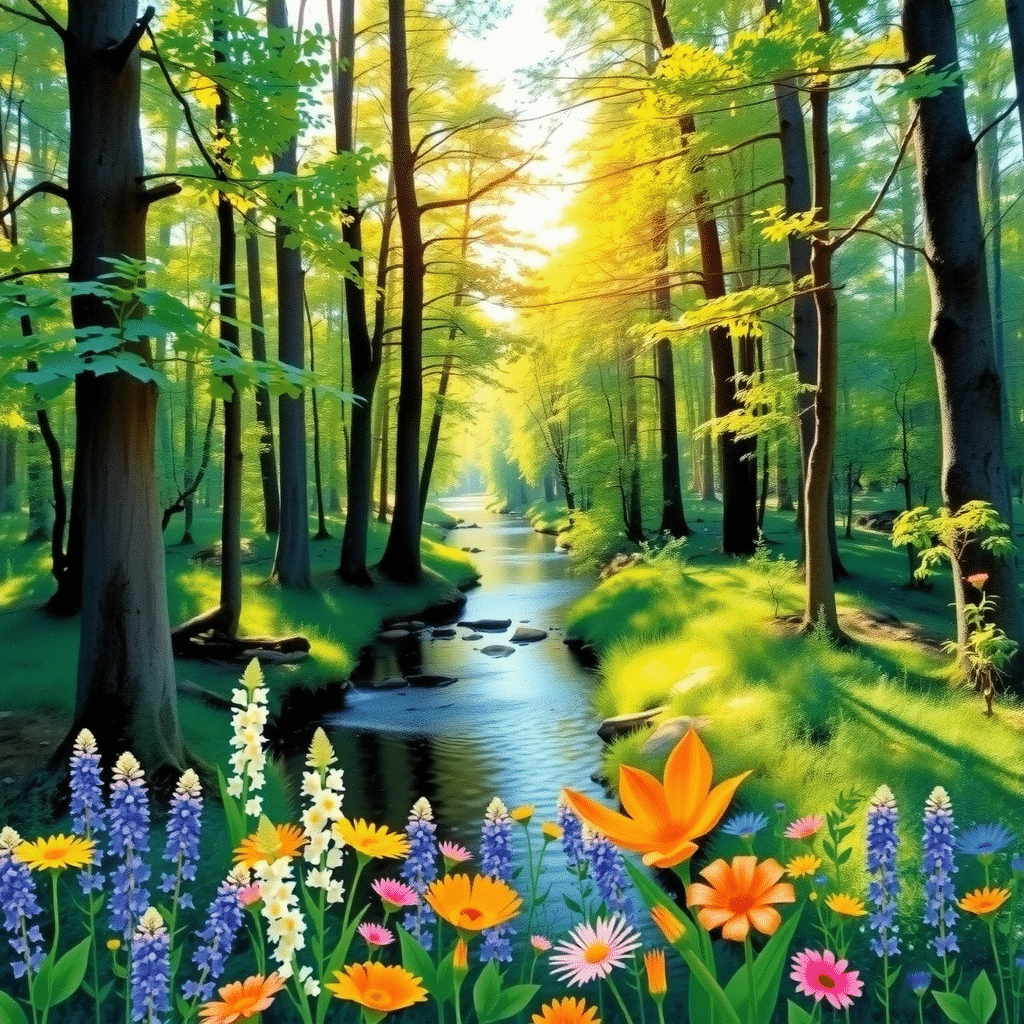 Whispering Watercolor Woodland: Emerald Oasis amidst Tall Canopy