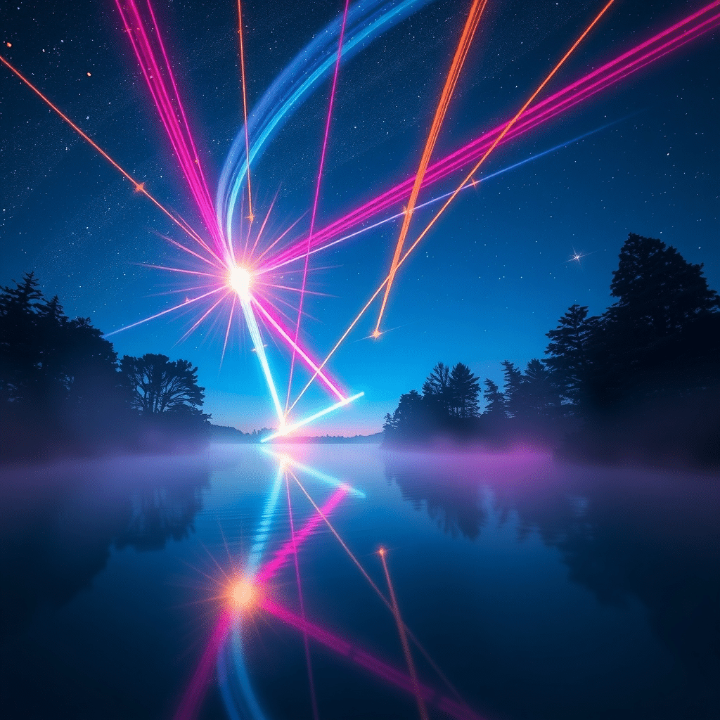 Celestial Wonder: Meteor Shower on Misty Lake’s Serenity