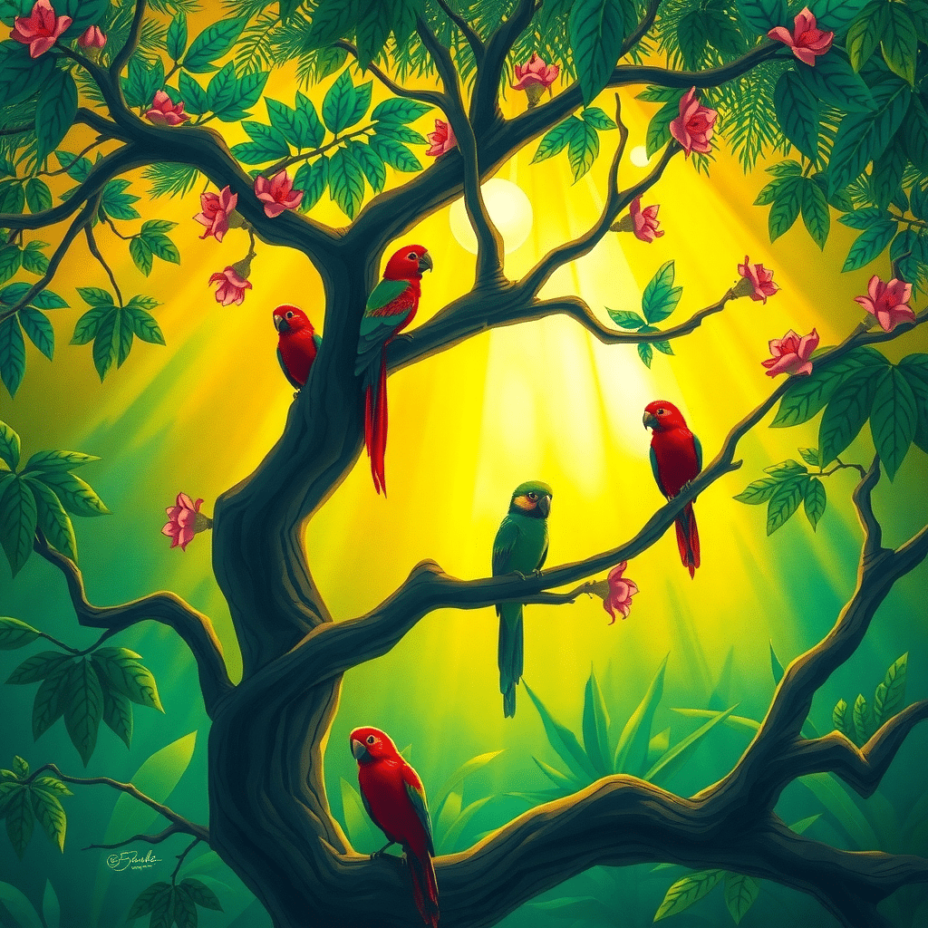 Mystical Birdhaven Amidst Golden Hour Forest Whisperings
