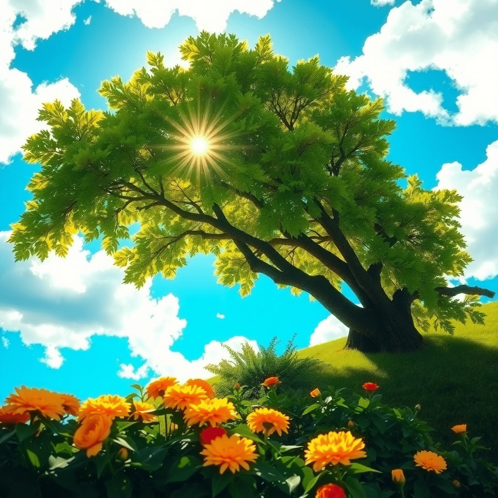 Majestic Turquoise Tree Sprite Among Petals and Dew